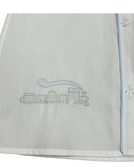 White Day Gown with Blue Train Embroidery & Trim