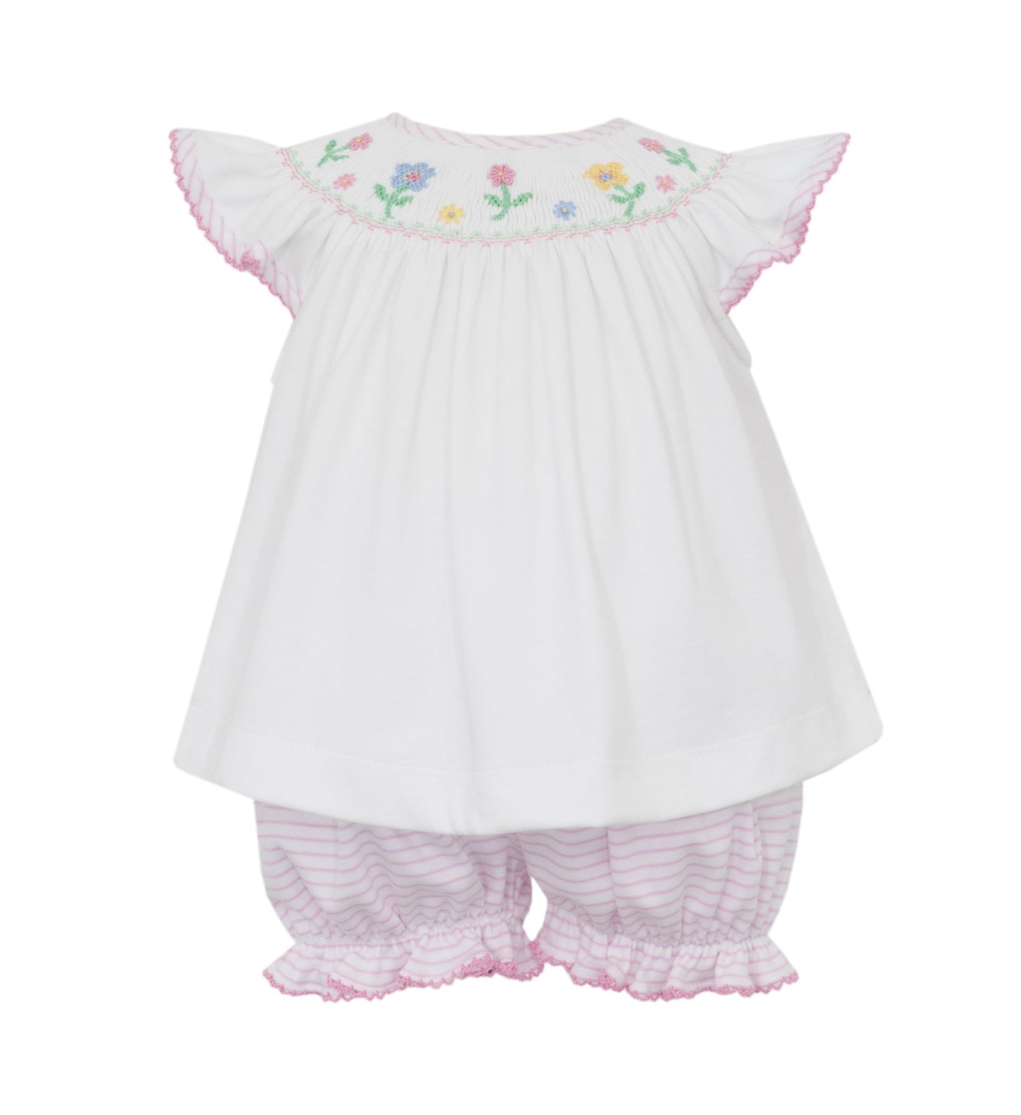 Flowers-Pink knit stripe angel wing bishop bloomer set w/white knit top