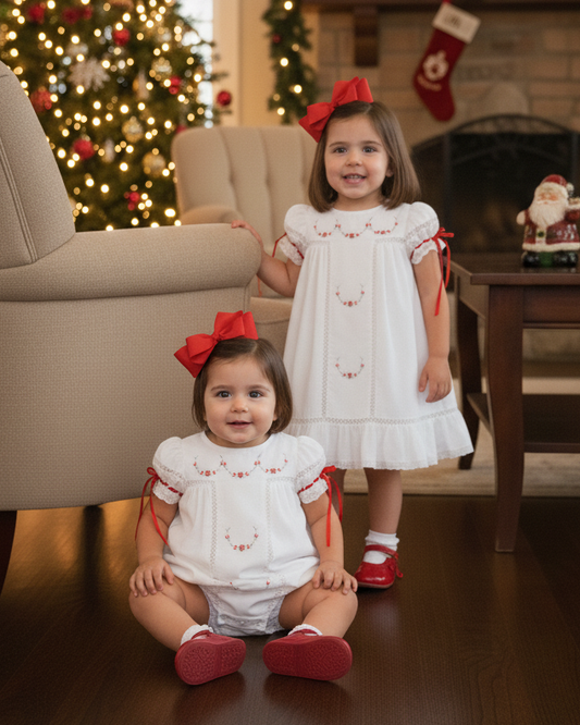 Gilded Noel Holiday Christmas Hand Embroidered White Heirloom Portrait Dress