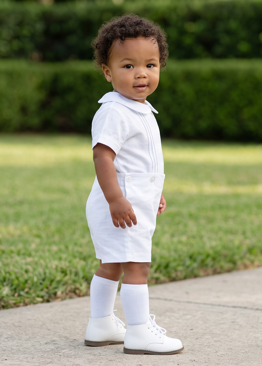 Boys White Heirloom Button-on Shorts Set