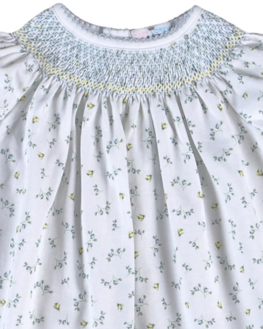 Mia Blue Floral Hand Smocked Bishop Bubble