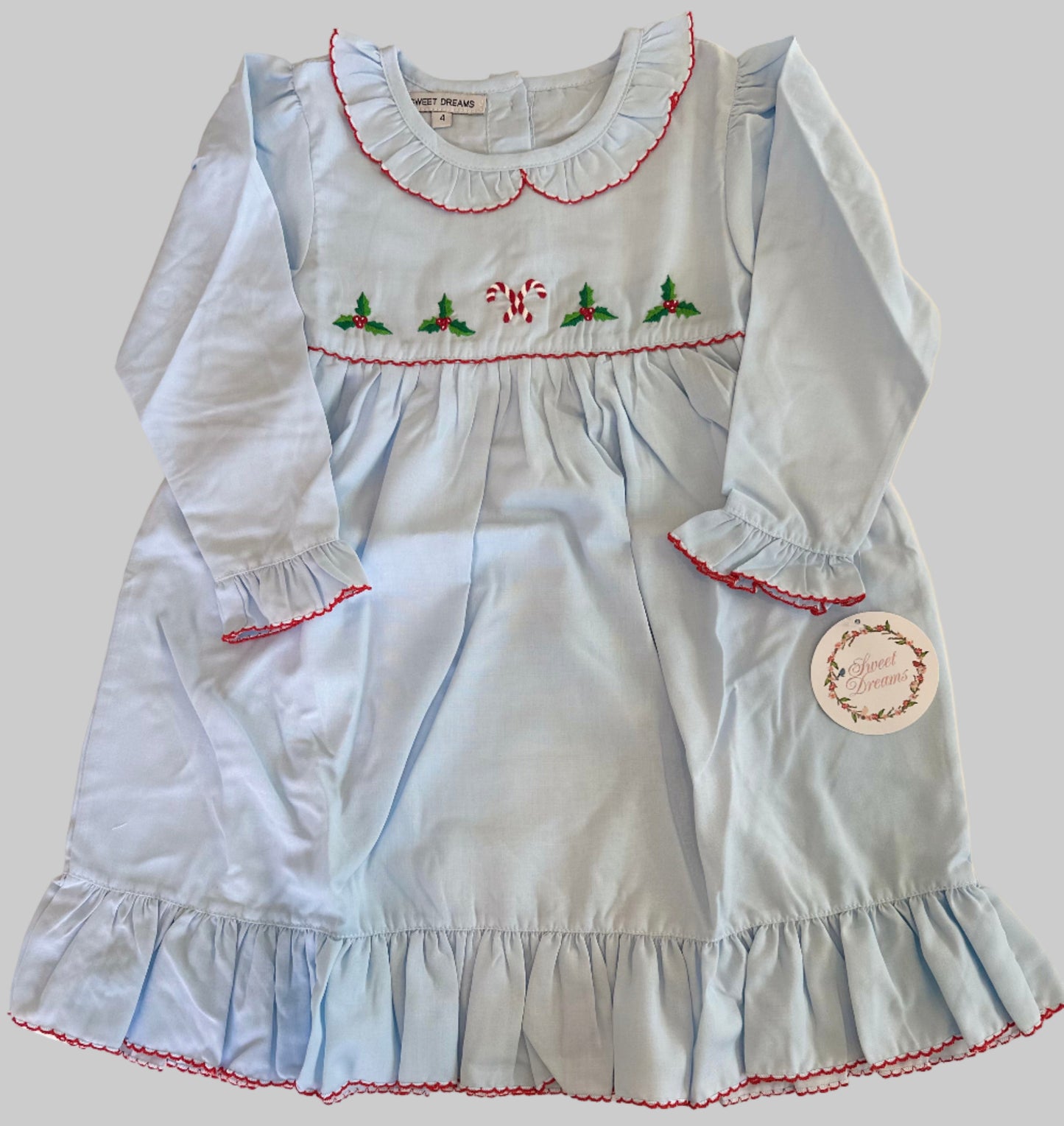 Blue Gown w/Red Trim and Embroidered Candy Canes w/Holly