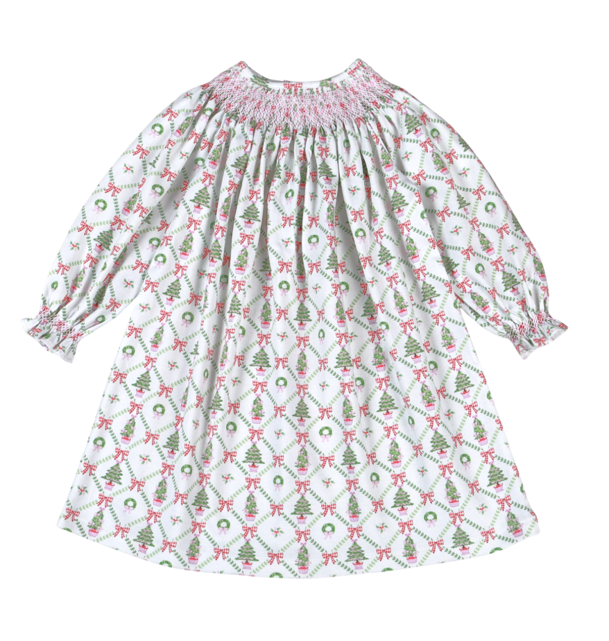 Christmas Trees Smocked Bishop Dress