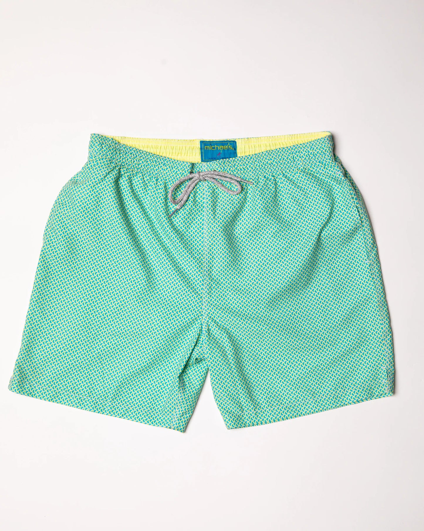 Boy's Cyclist Swim Trunks- Wave Print Aqua/Yellow