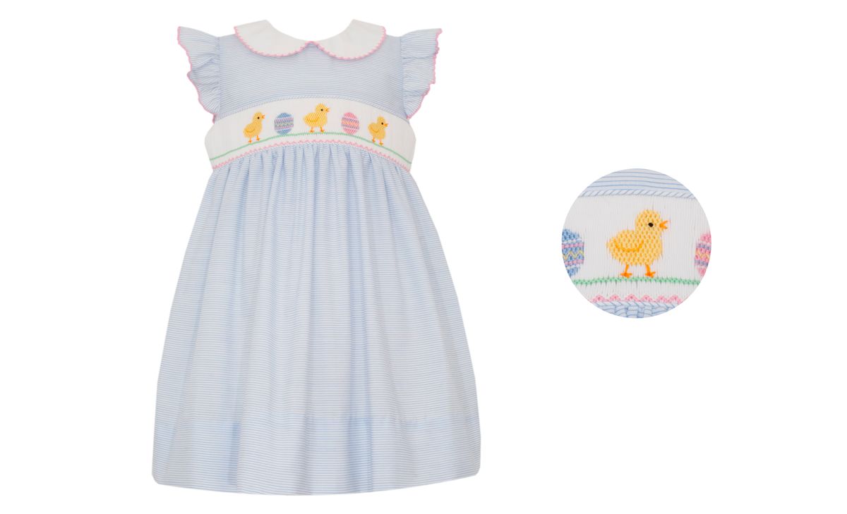 Girl's Easter Chicks Blue Stripe Sleeveless Dress w/ Collar