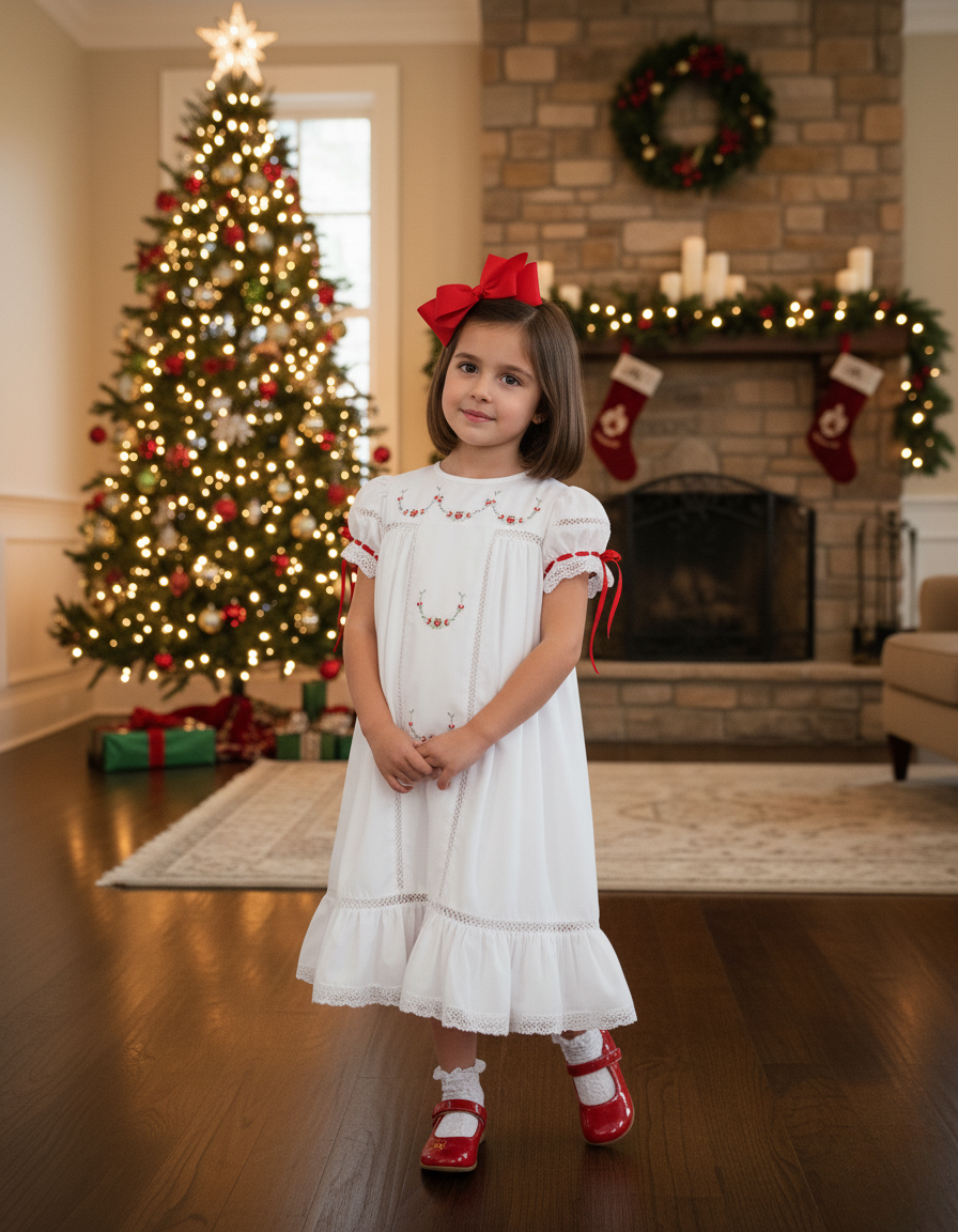 Gilded Noel Holiday Christmas Hand Embroidered White Heirloom Portrait Dress
