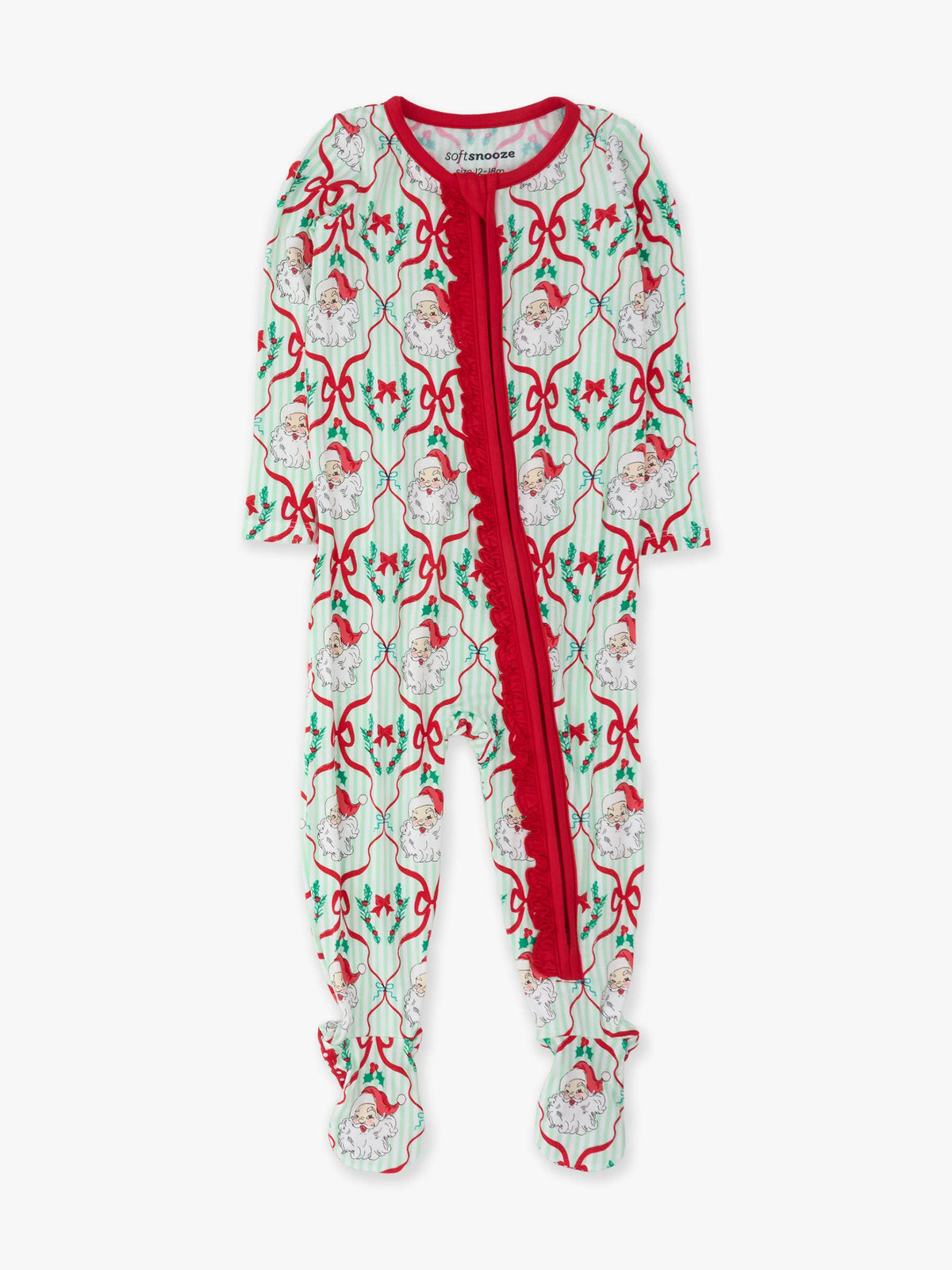 SoftSnooze™ Baby Girls Bamboo Viscose Dear Santa Green Stripe Christmas Footed Ruffle One Piece Pajama