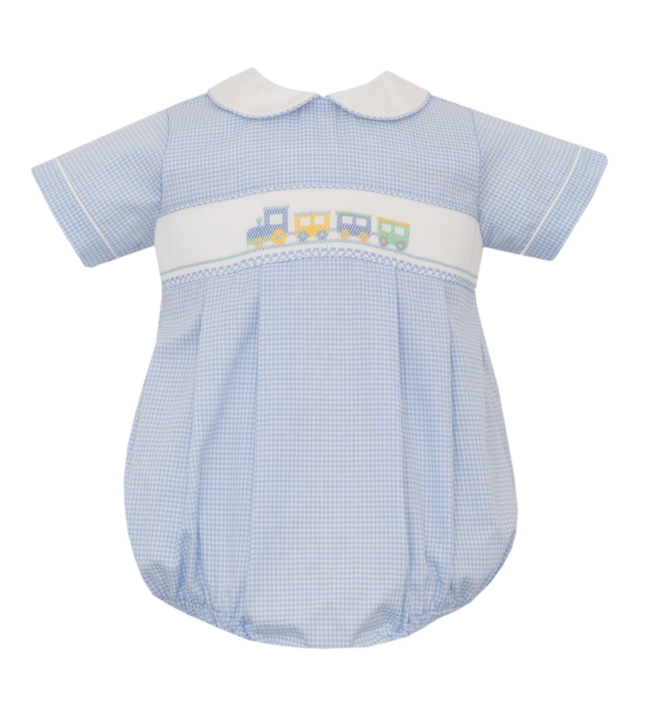 Boys Trains Smocked on Lt. Blue gingham Bubble