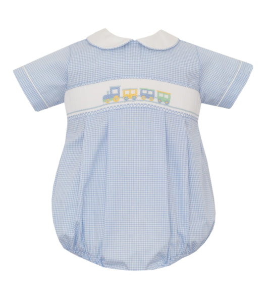 Boys Trains Smocked on Lt. Blue gingham Bubble