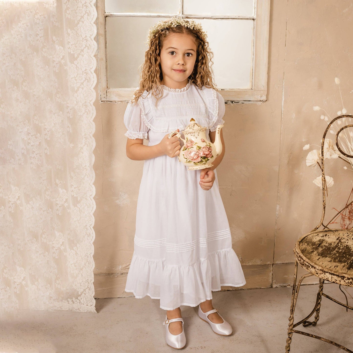 White Voile & Lace Tea Length Wedding Dress