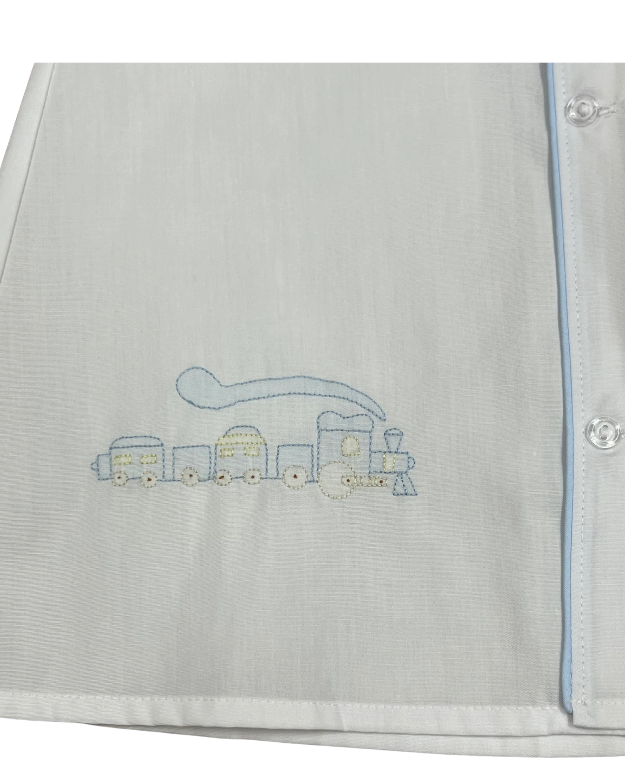 White Day Gown with Blue Train Embroidery & Trim