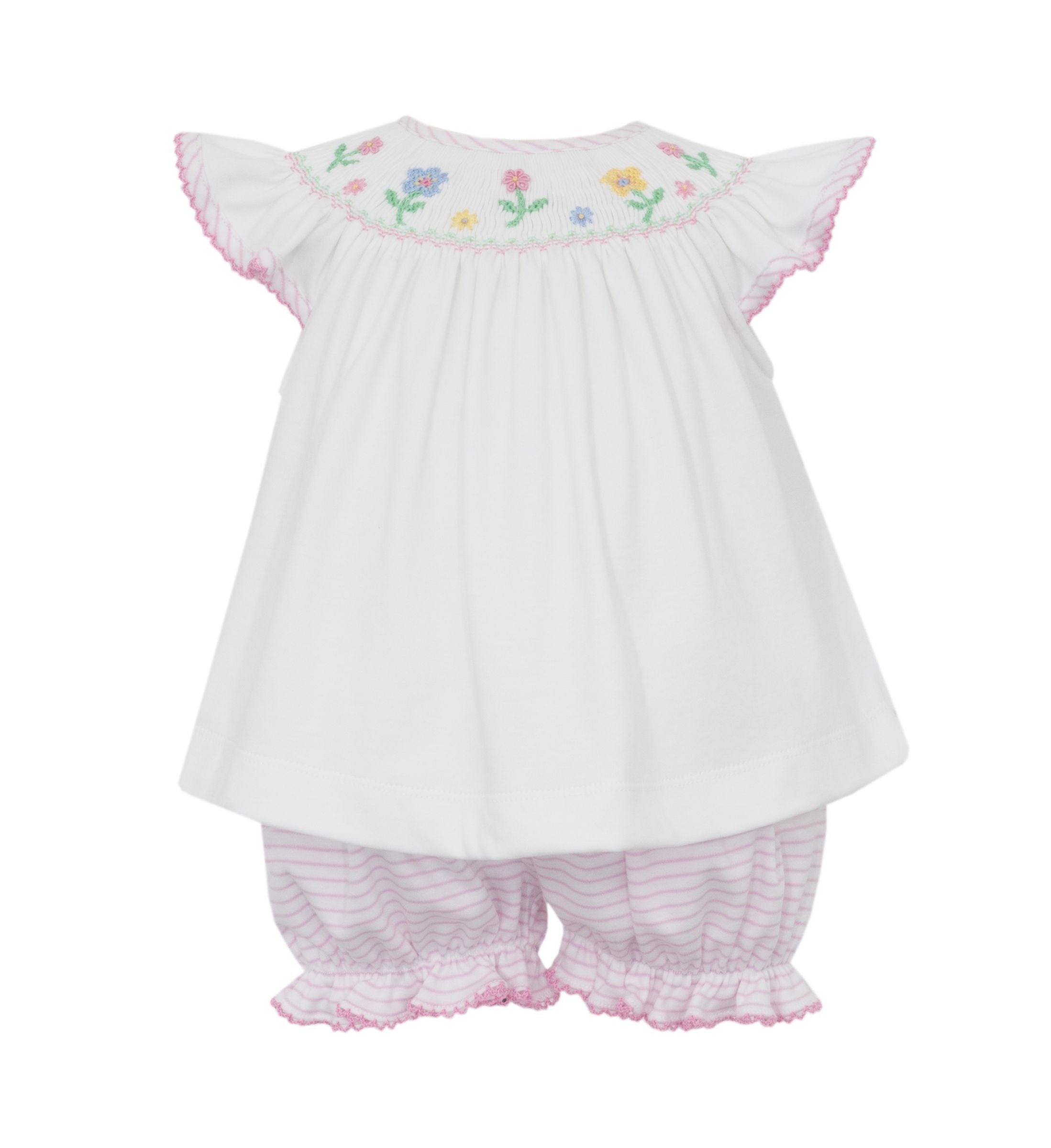 Flowers-Pink knit stripe angel wing bishop bloomer set w/white knit top