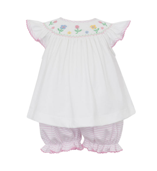 Flowers-Pink knit stripe angel wing bishop bloomer set w/white knit top