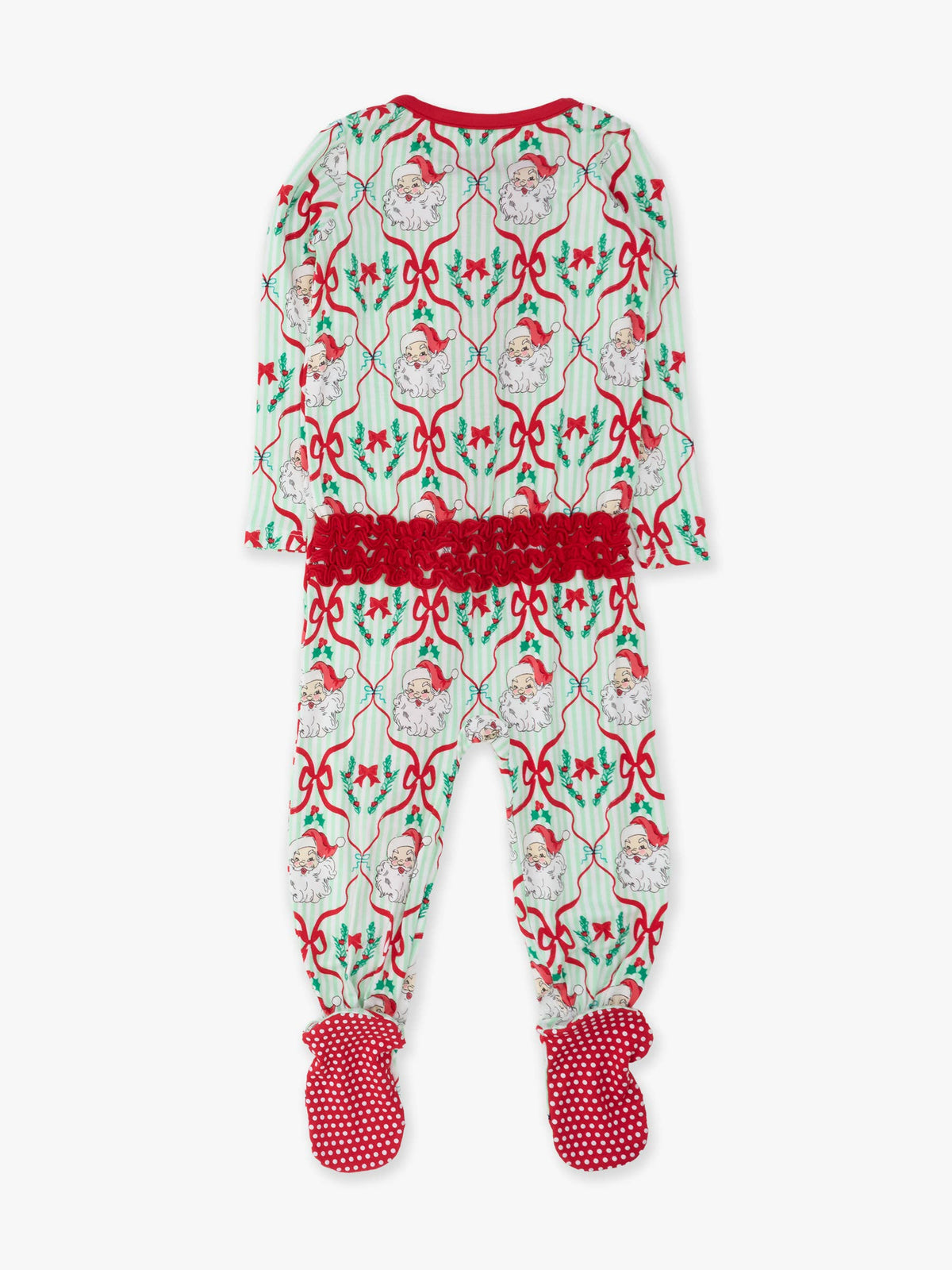 SoftSnooze™ Baby Girls Bamboo Viscose Dear Santa Green Stripe Christmas Footed Ruffle One Piece Pajama
