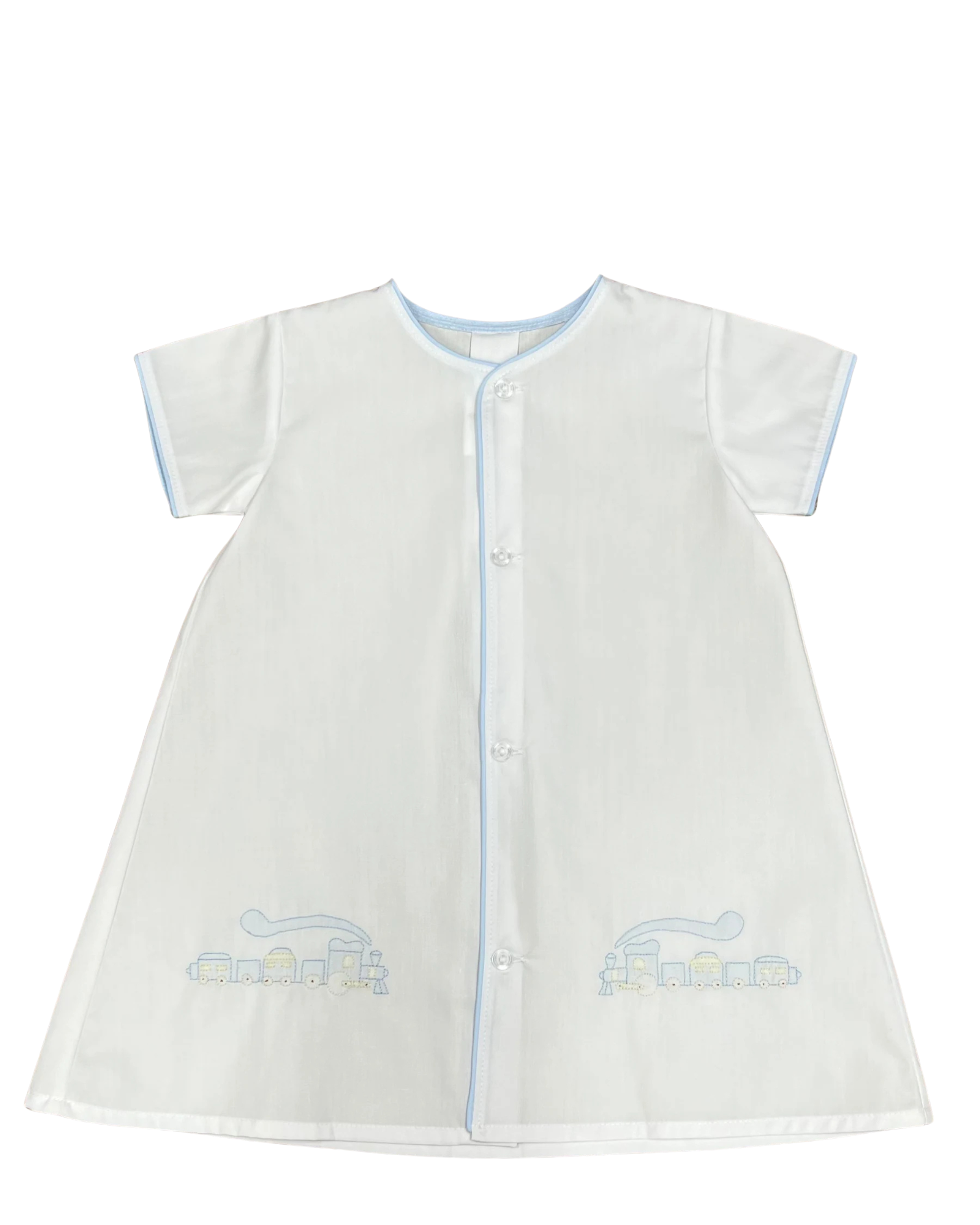 White Day Gown with Blue Train Embroidery & Trim
