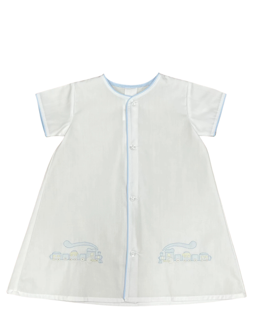 White Day Gown with Blue Train Embroidery & Trim