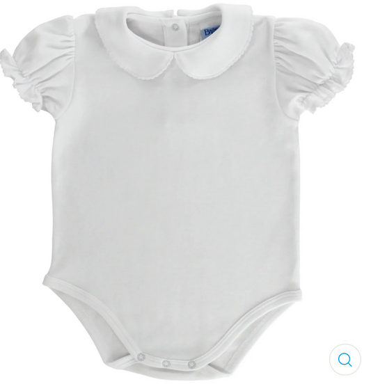 White Knit Onesie, White Trim, Knit Girls Short Sleeve