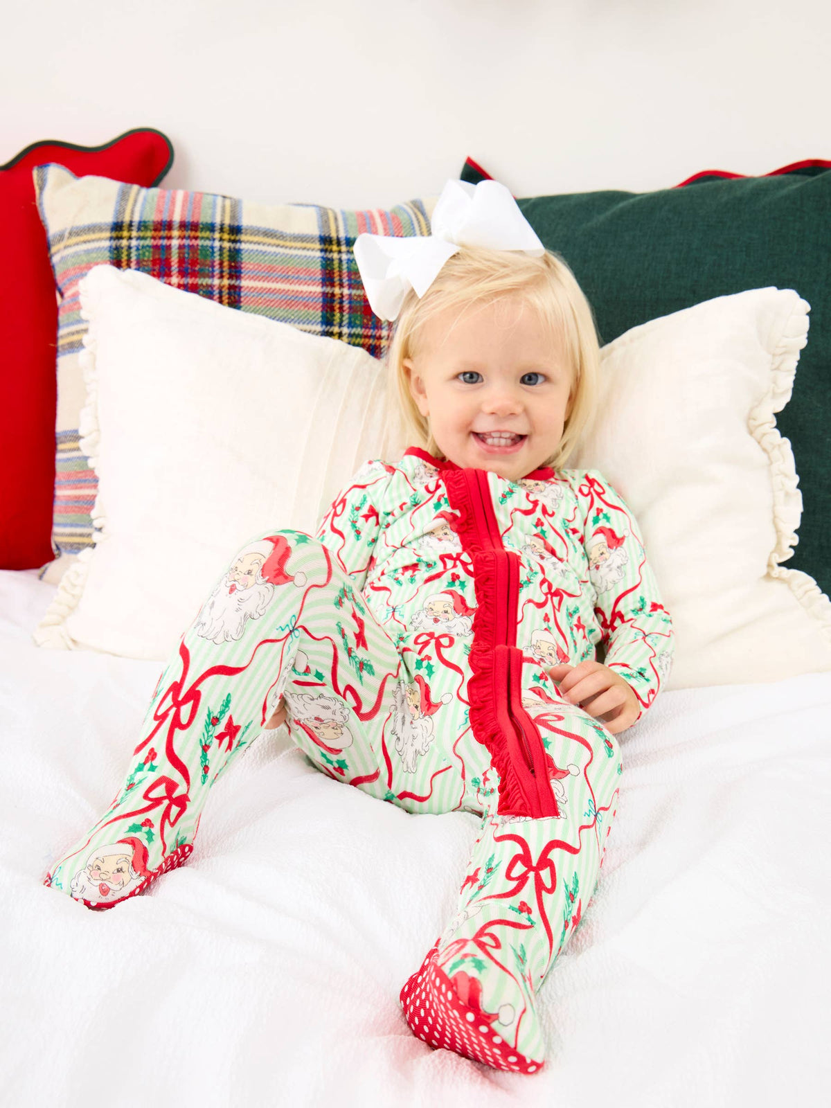 SoftSnooze™ Baby Girls Bamboo Viscose Dear Santa Green Stripe Christmas Footed Ruffle One Piece Pajama