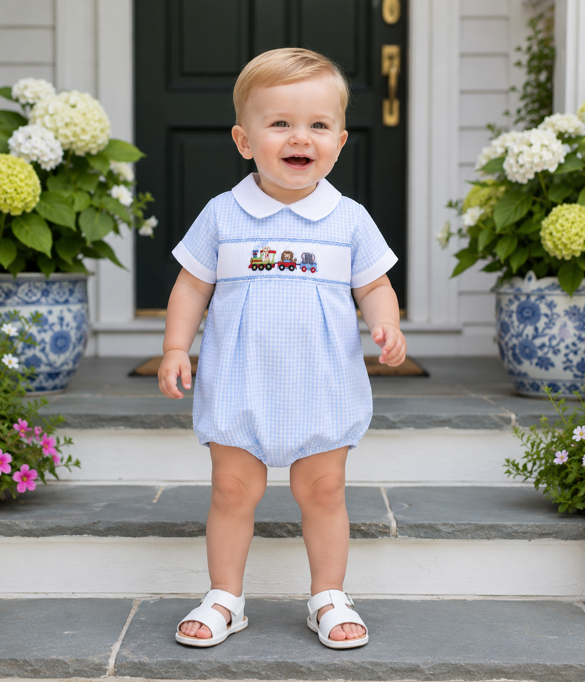 Animal Train Baby Boy Smocked Bubble