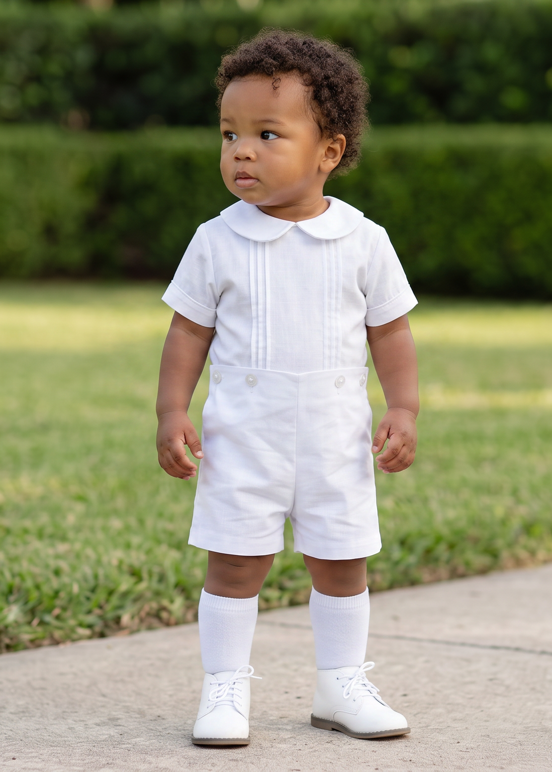 Boys White Heirloom Button-on Shorts Set