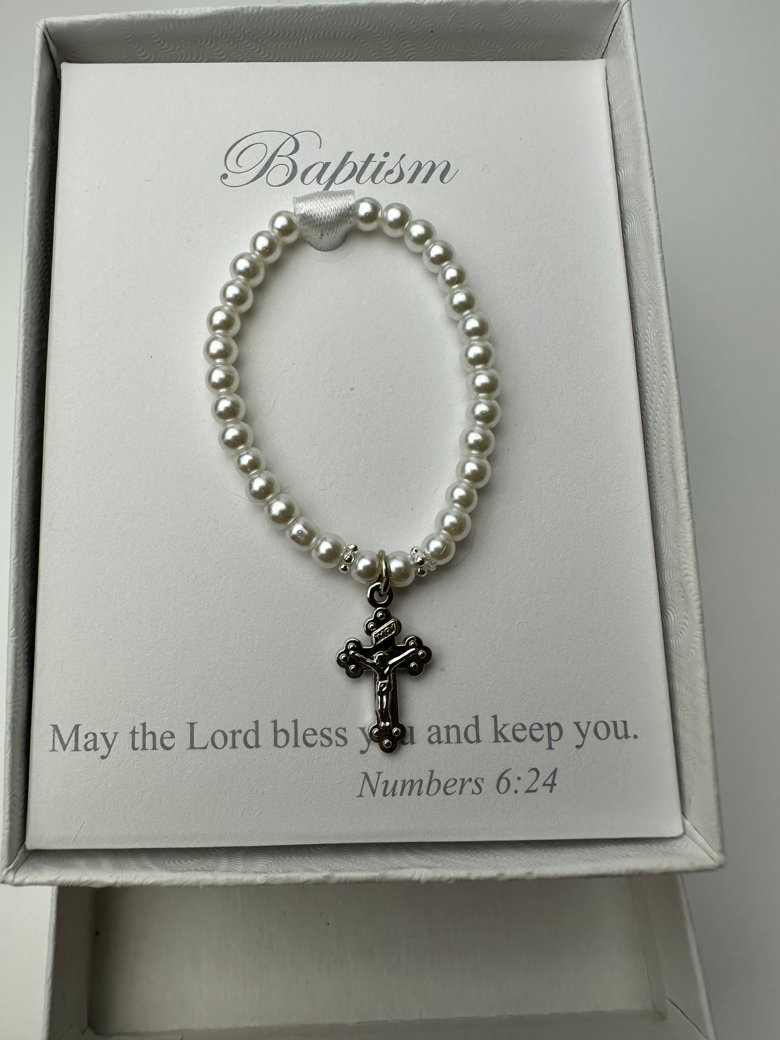Baby Bracelet- String Pearl with Silver Cross