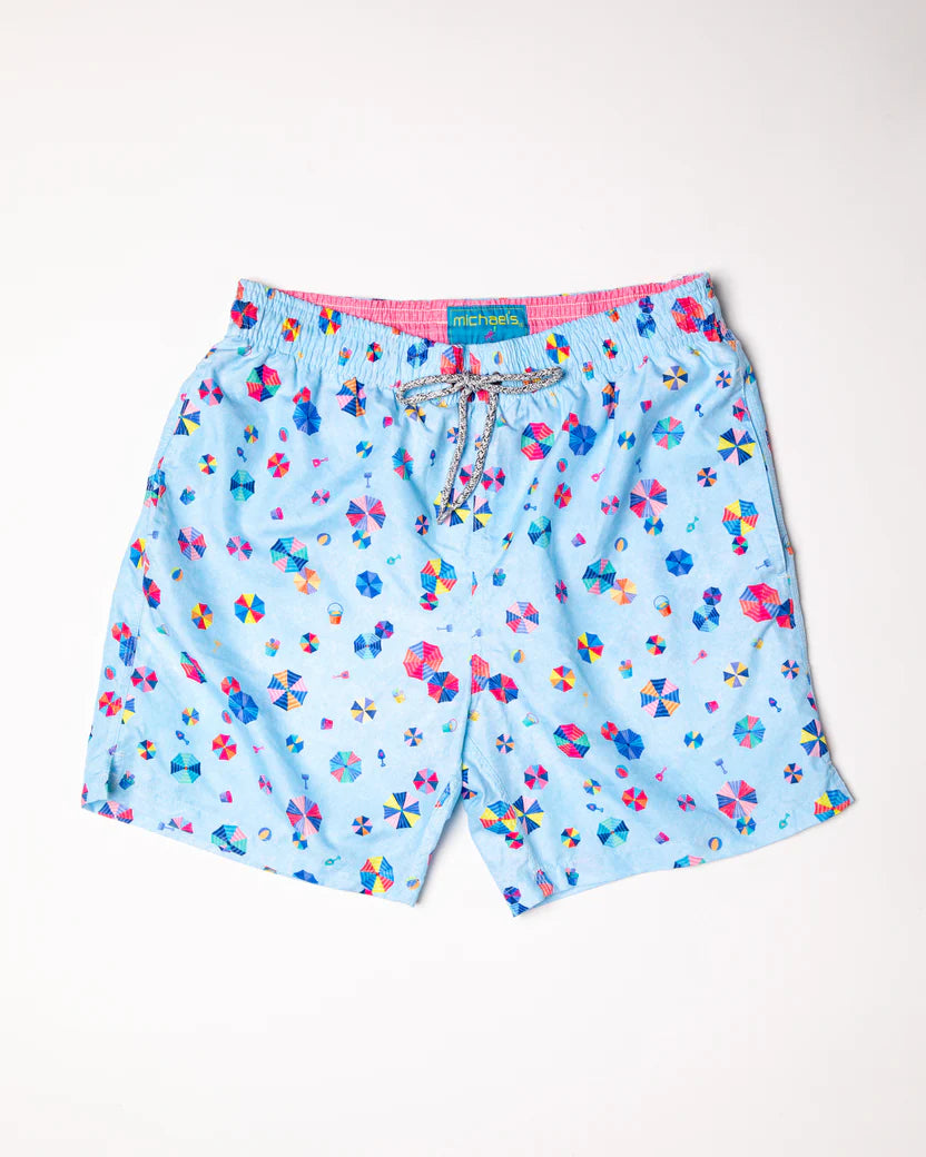 Men's Cyclist Liner Swim Trunks- Beach Umbrellas Blue