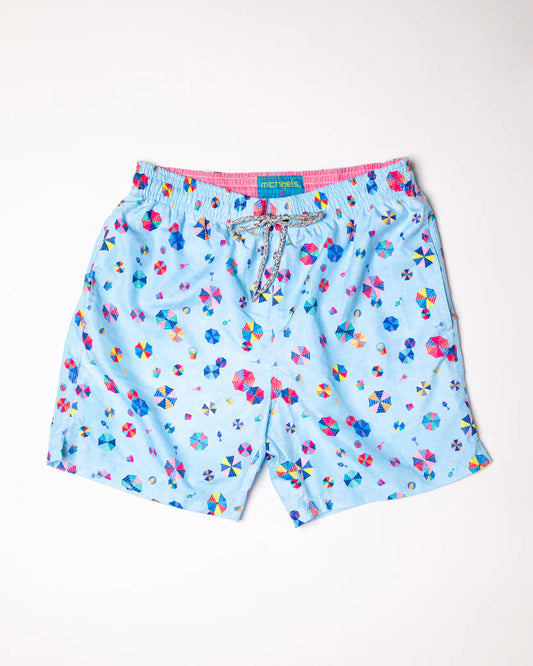 Men's Cyclist Liner Swim Trunks- Beach Umbrellas Blue