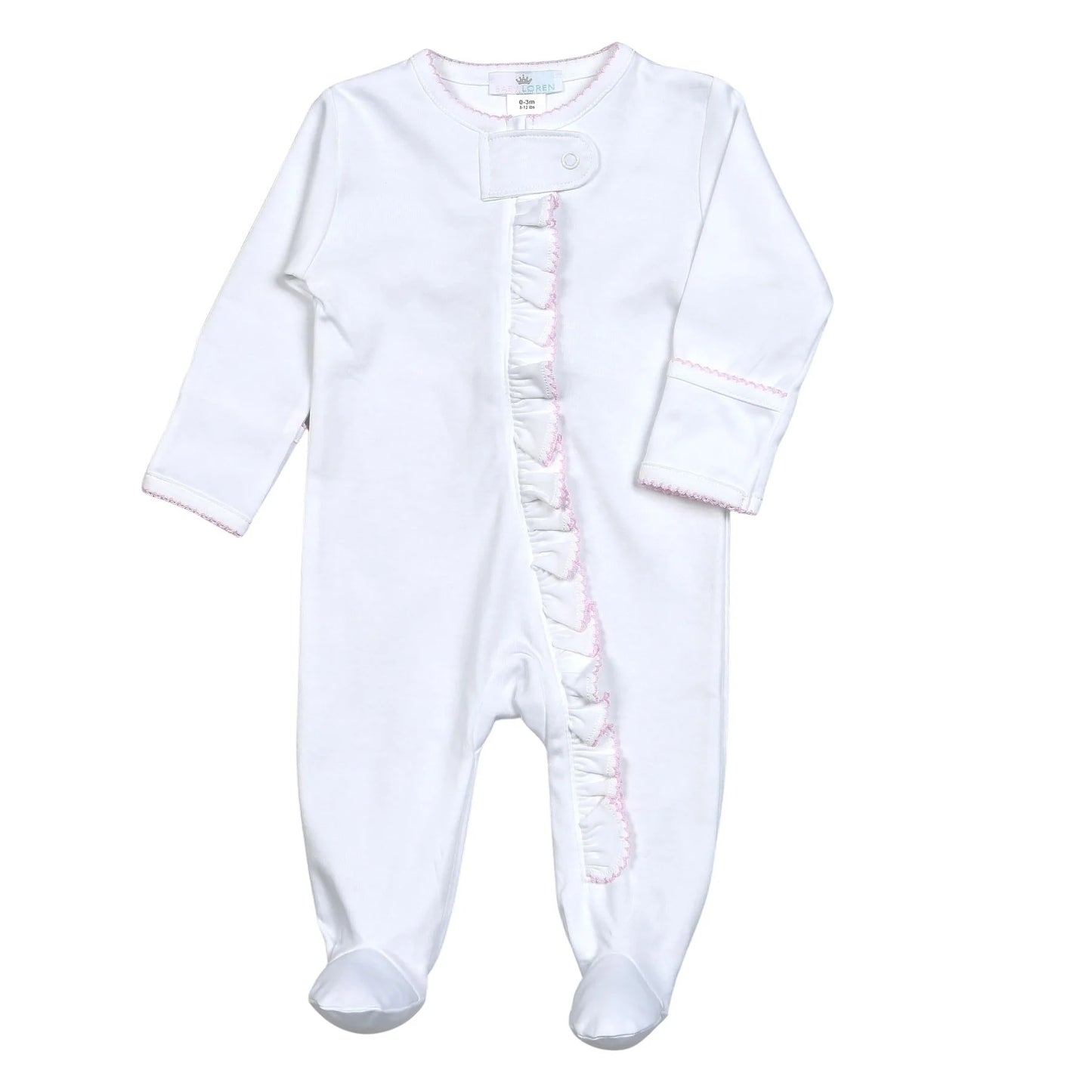 White Zipper Footie Pink Picot Trim