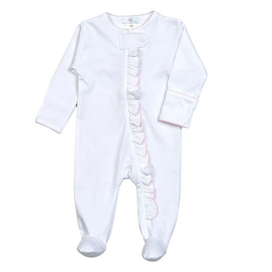 White Zipper Footie Pink Picot Trim
