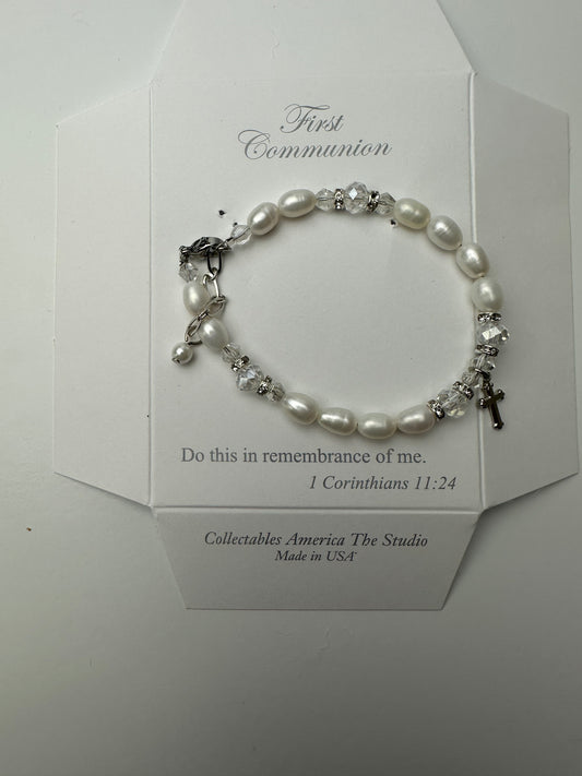 First Communion Bracelet- Fresh Water Pearls with Silver Cross