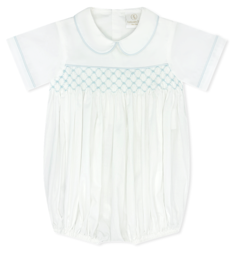 White Bubble made of Batiste cotton with baby blue smocking