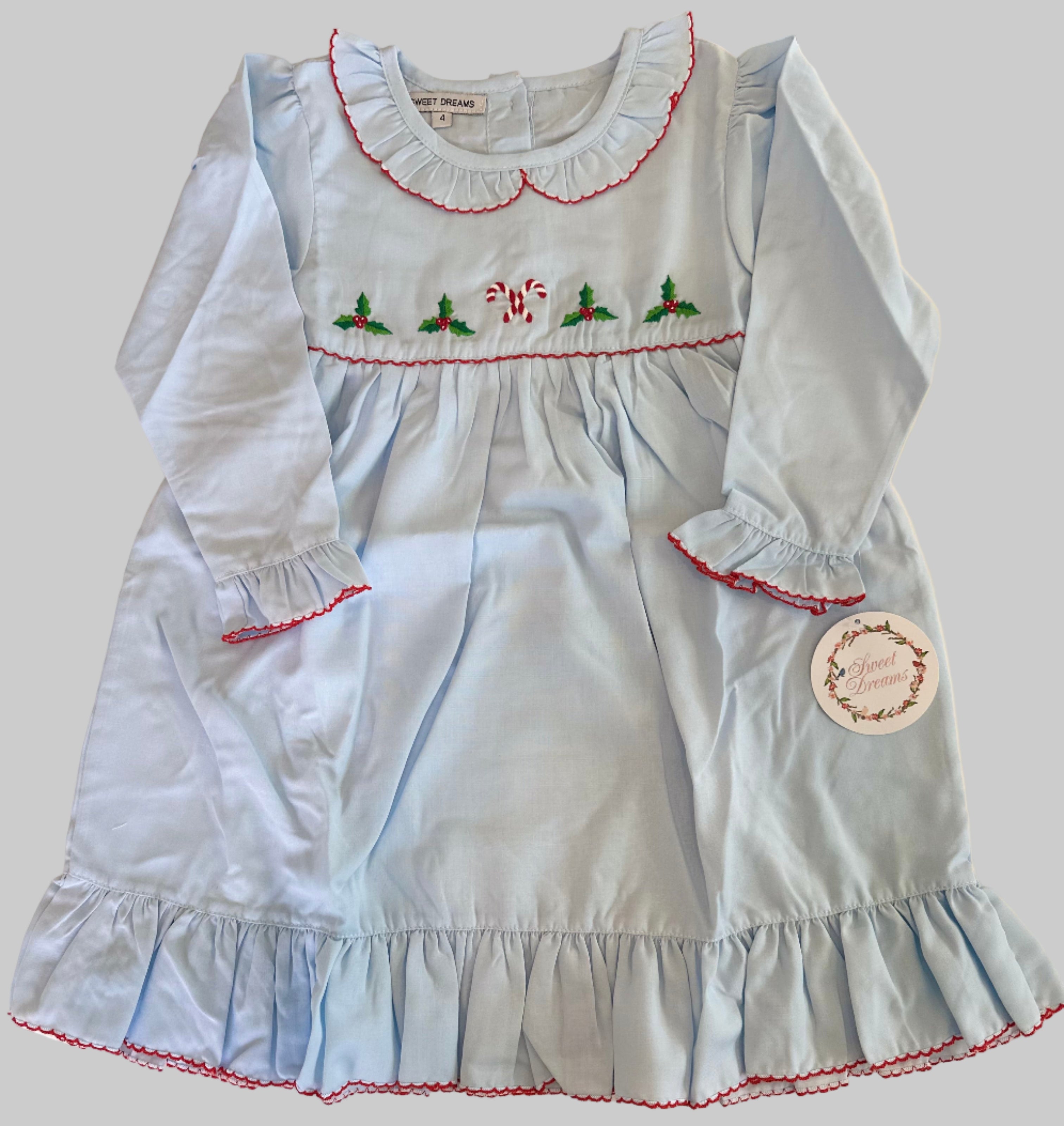 Blue Gown w/Red Trim and Embroidered Candy Canes w/Holly