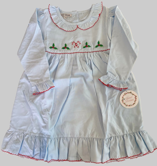 Blue Gown w/Red Trim and Embroidered Candy Canes w/Holly