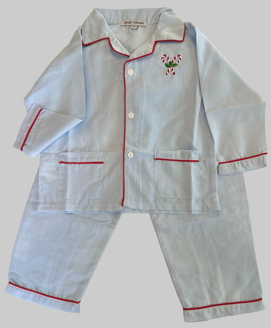 Blue PJs w/Red Trim and Embroidered Candy Canes