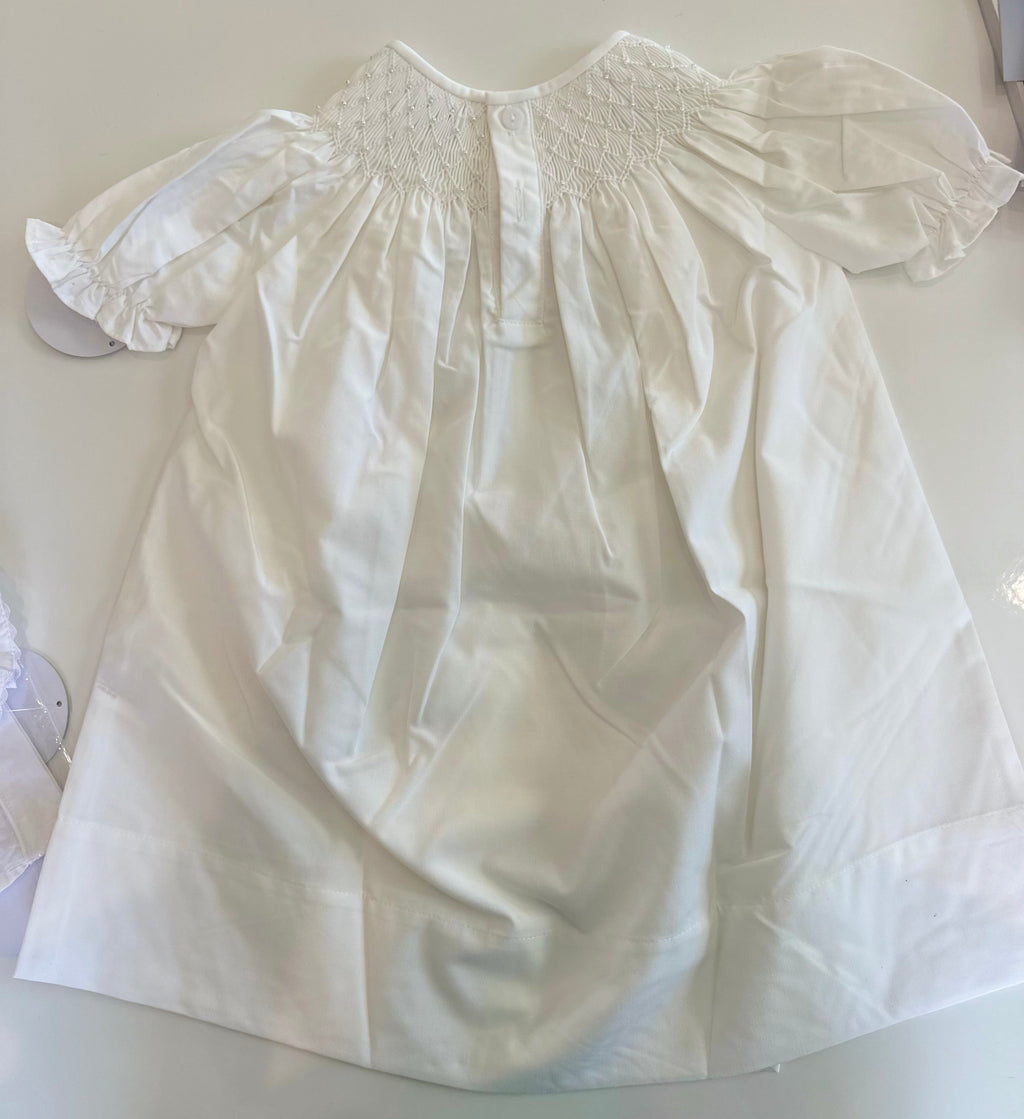 Catherine White Smocked Dress w/White Pearls