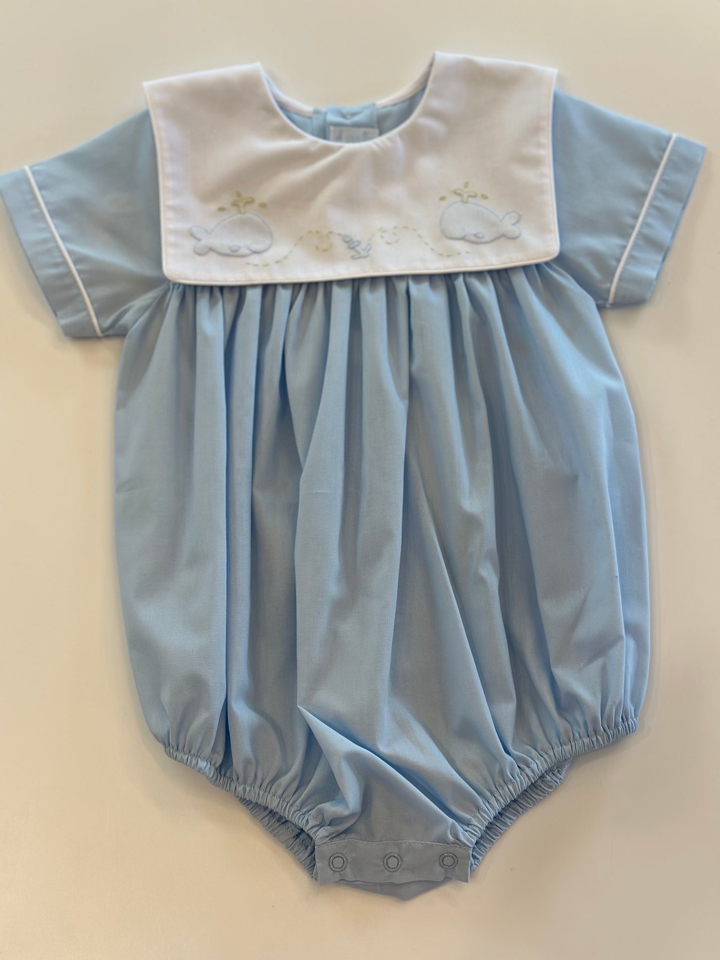 Blue Boy Bubble with White collar and embroidered blue whales