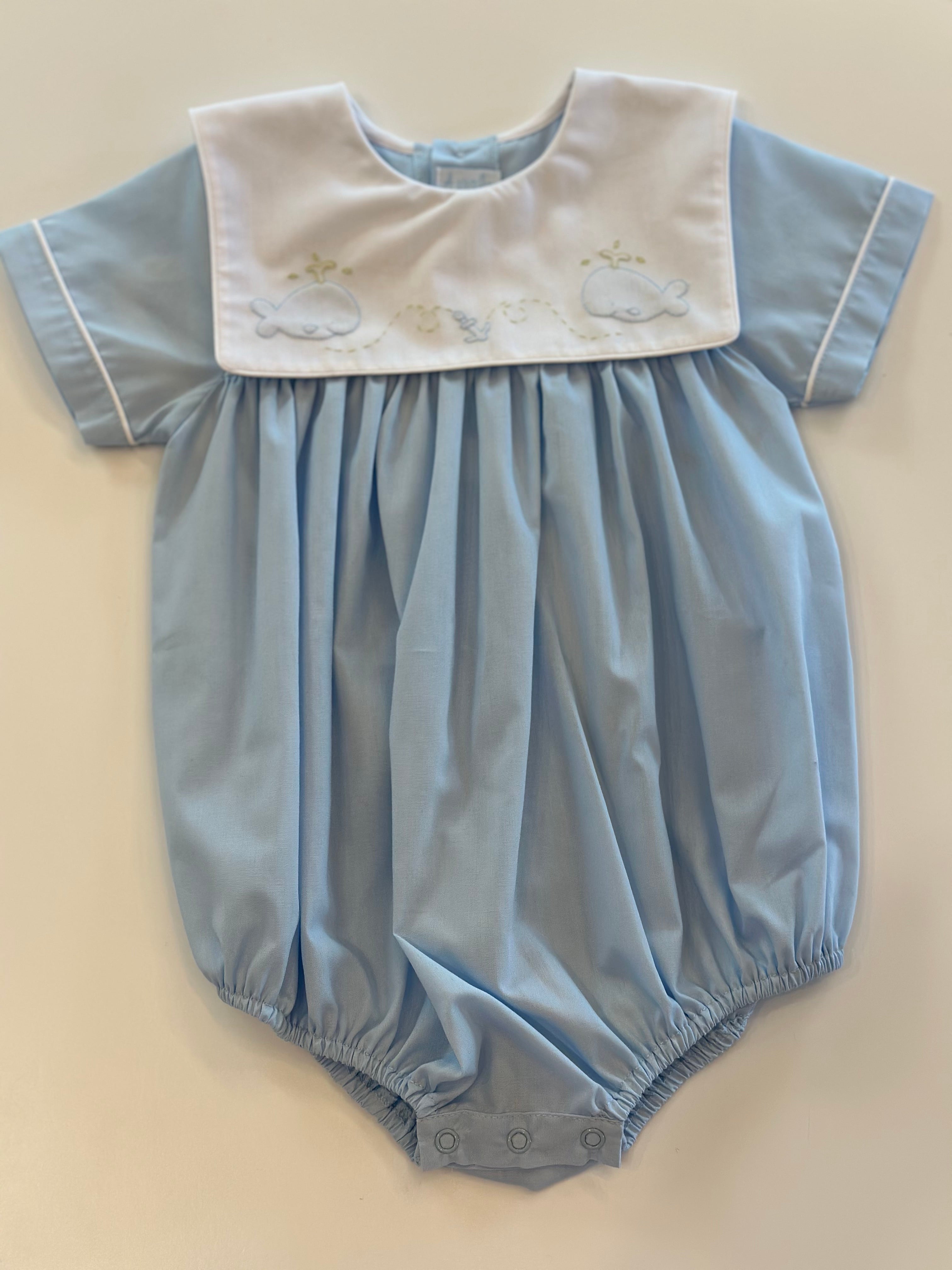 Blue Boy Bubble with White collar and embroidered blue whales