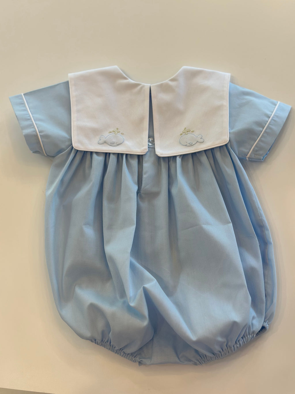 Blue Boy Bubble with White collar and embroidered blue whales