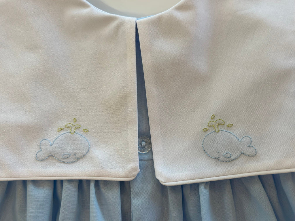 Blue Boy Bubble with White collar and embroidered blue whales