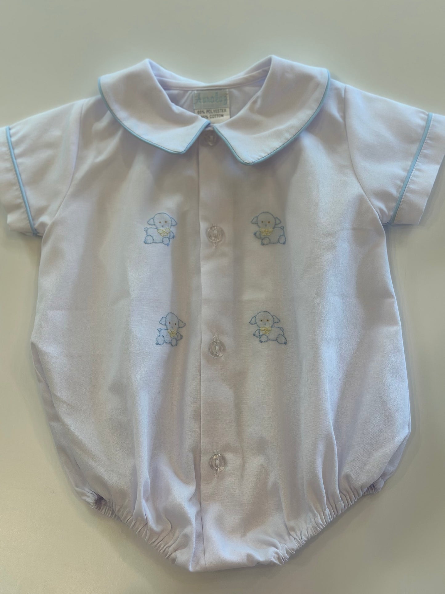 White Boy button-up Bubble with White collar and embroidered blue lambs