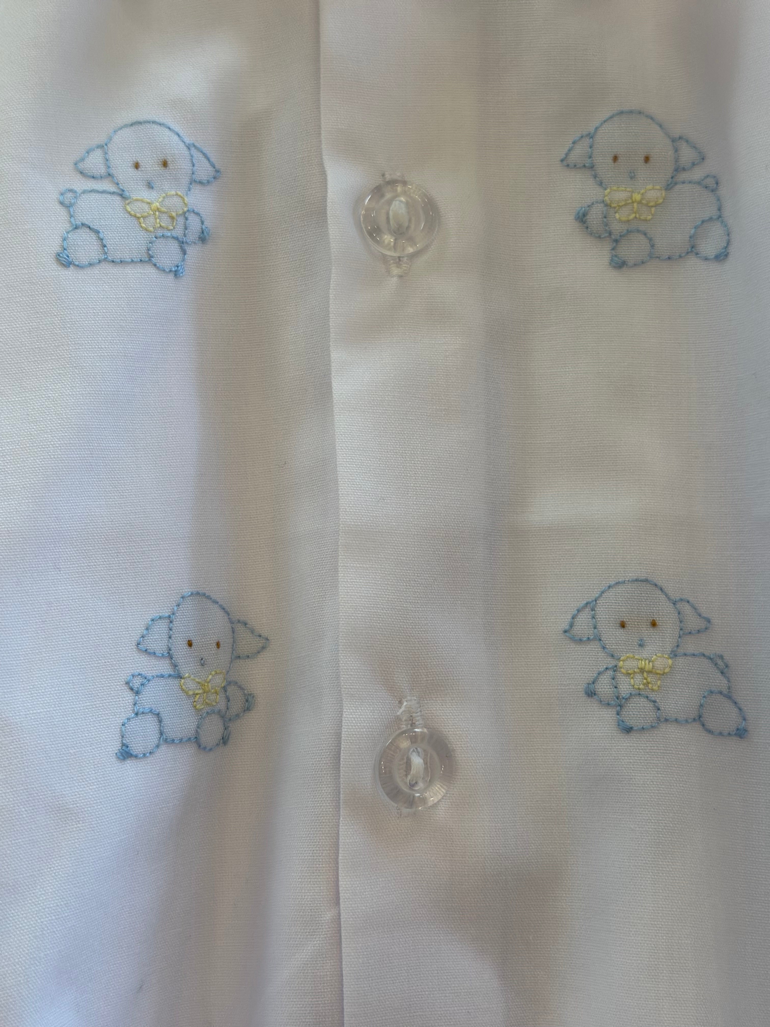 White Boy button-up Bubble with White collar and embroidered blue lambs