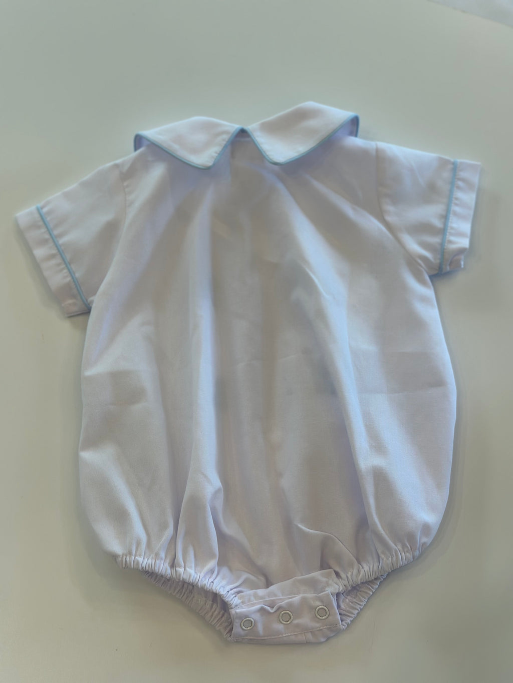 White Boy button-up Bubble with White collar and embroidered blue lambs