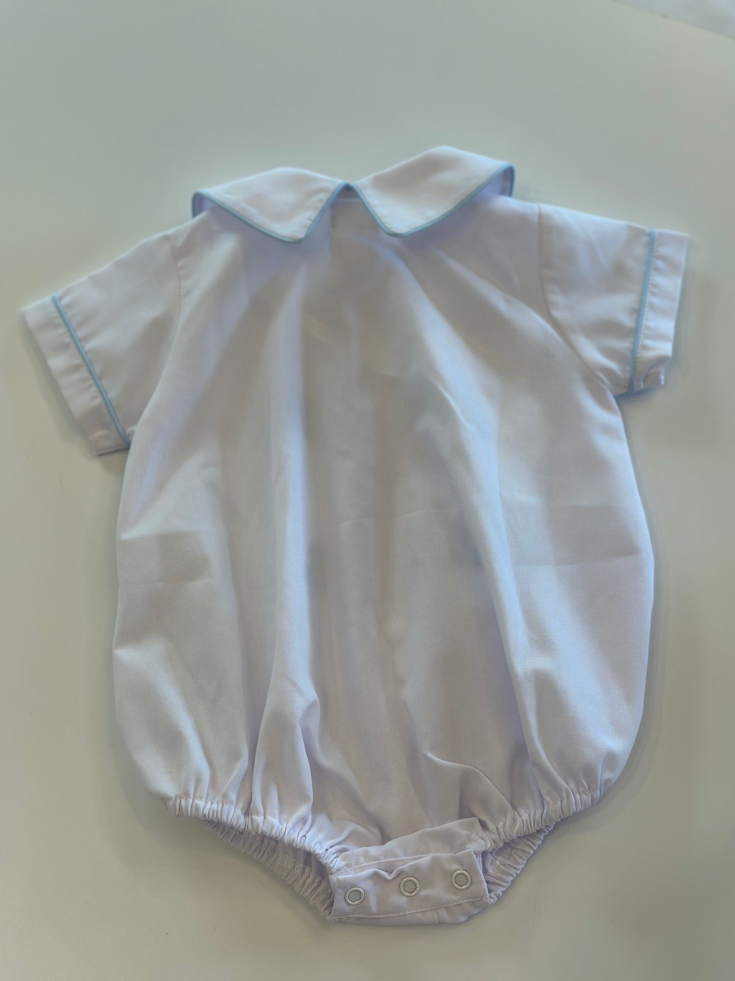 White Boy button-up Bubble with White collar and embroidered blue lambs