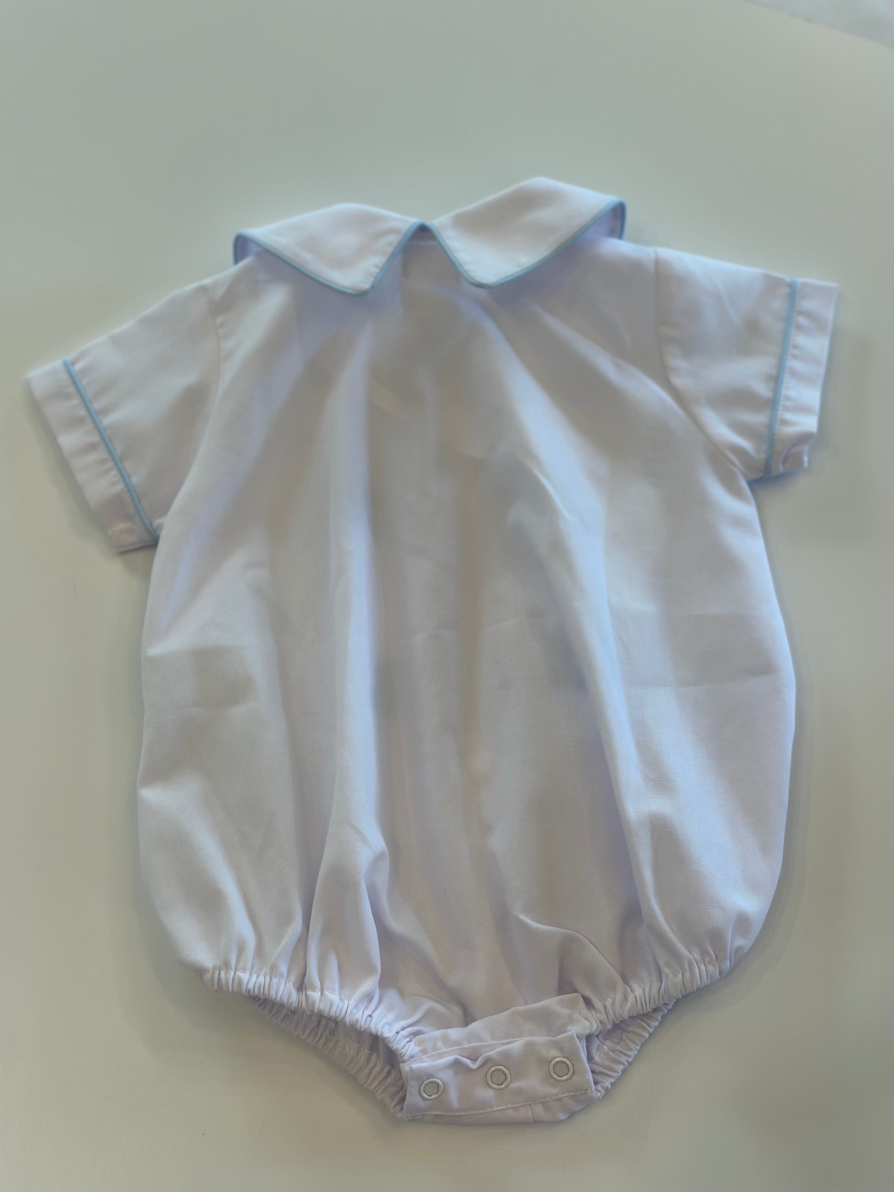 White Boy button-up Bubble with White collar and embroidered blue lambs