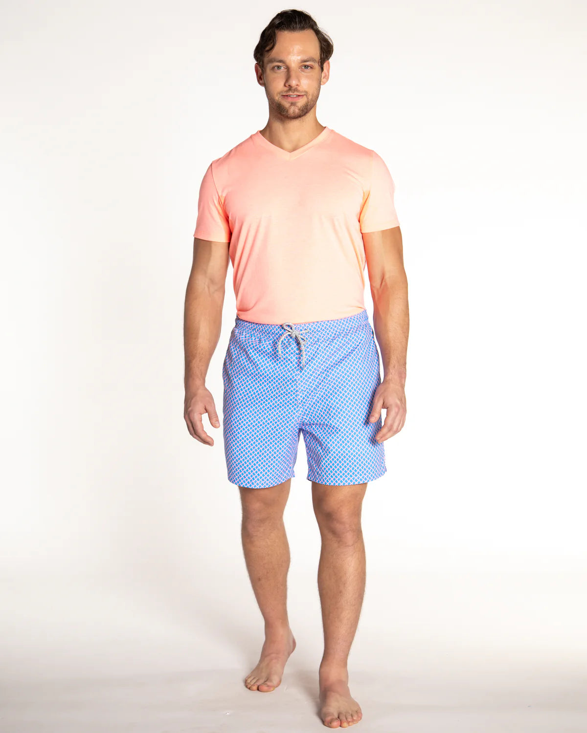 Men's Cyclist Liner Swim Trunks- Nautical Mesh Turquoise/Coral