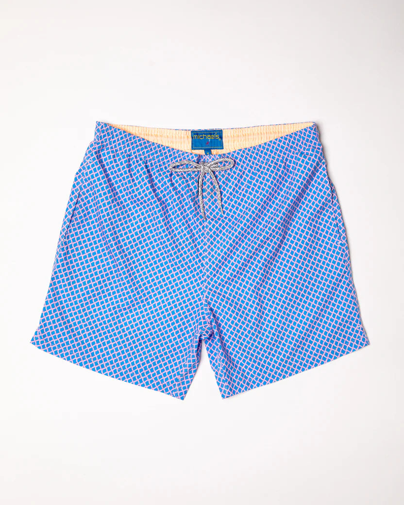 Men's Cyclist Liner Swim Trunks- Nautical Mesh Turquoise/Coral