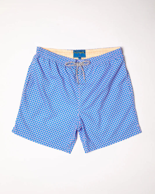 Men's Cyclist Liner Swim Trunks- Nautical Mesh Turquoise/Coral