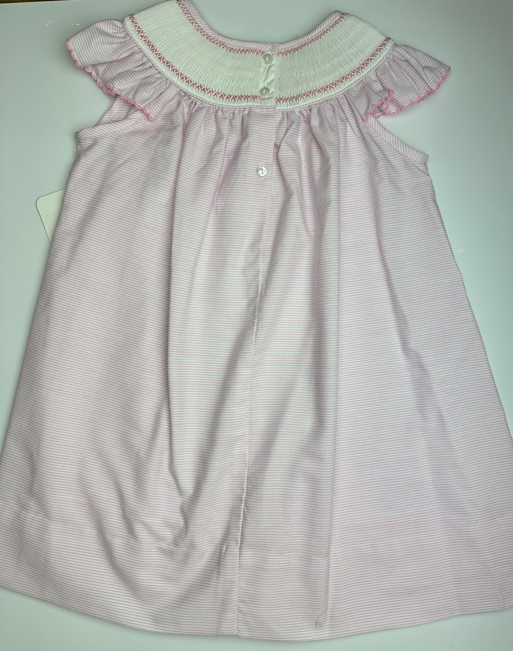 Pink Smocked Tiny Stripe Angel Wing Bishop Dress