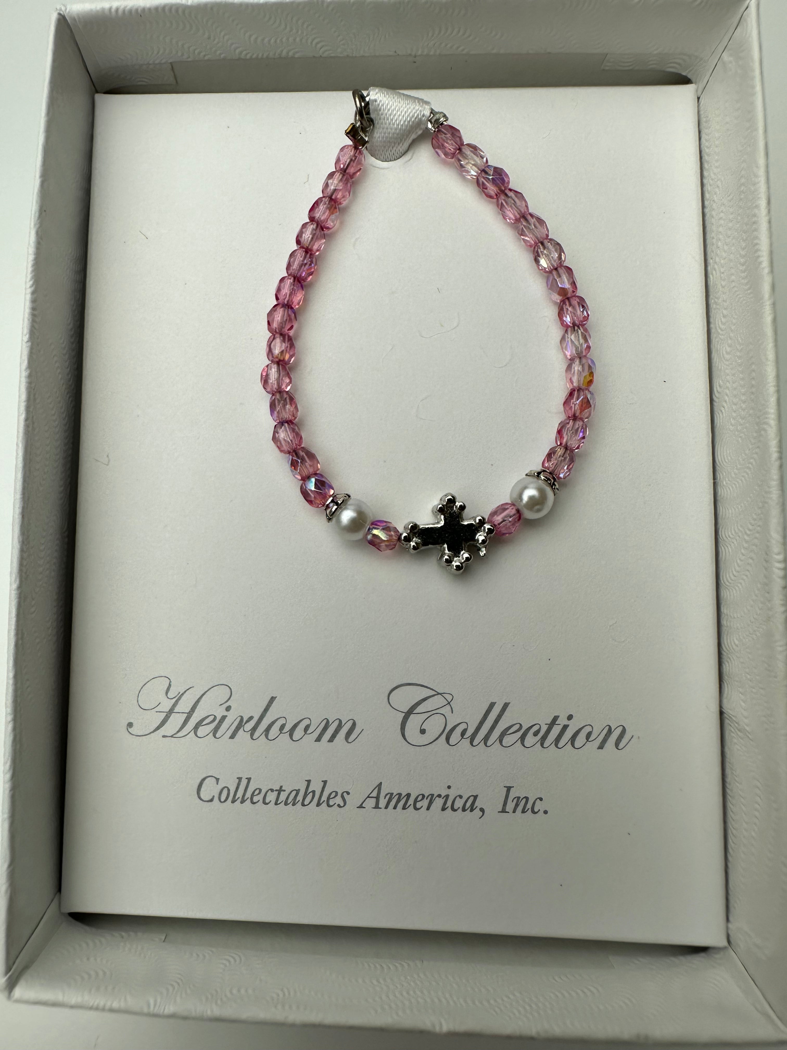 Baby Bracelet- Rose Beads with Silver Cross