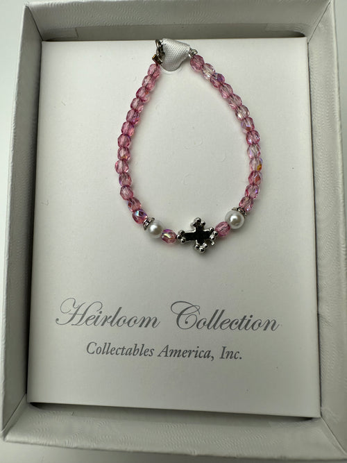 Baby Bracelet- Rose Beads with Silver Cross